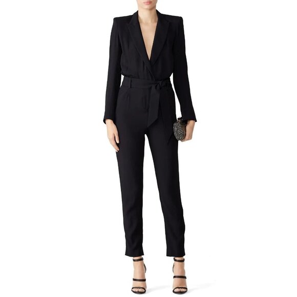 IRO Delicate Black Long Sleeve Tie Waist V-Neck Jumpsuit Women's Size FR 38